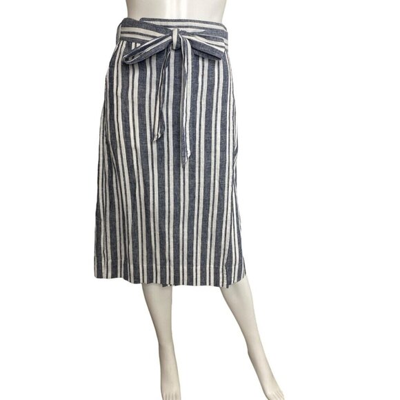 GAP WOMEN'S BLUE AND WHITE STRIPE LINEN BELTED MIDI WRAP SKIRT SZ S - Picture 1 of 7